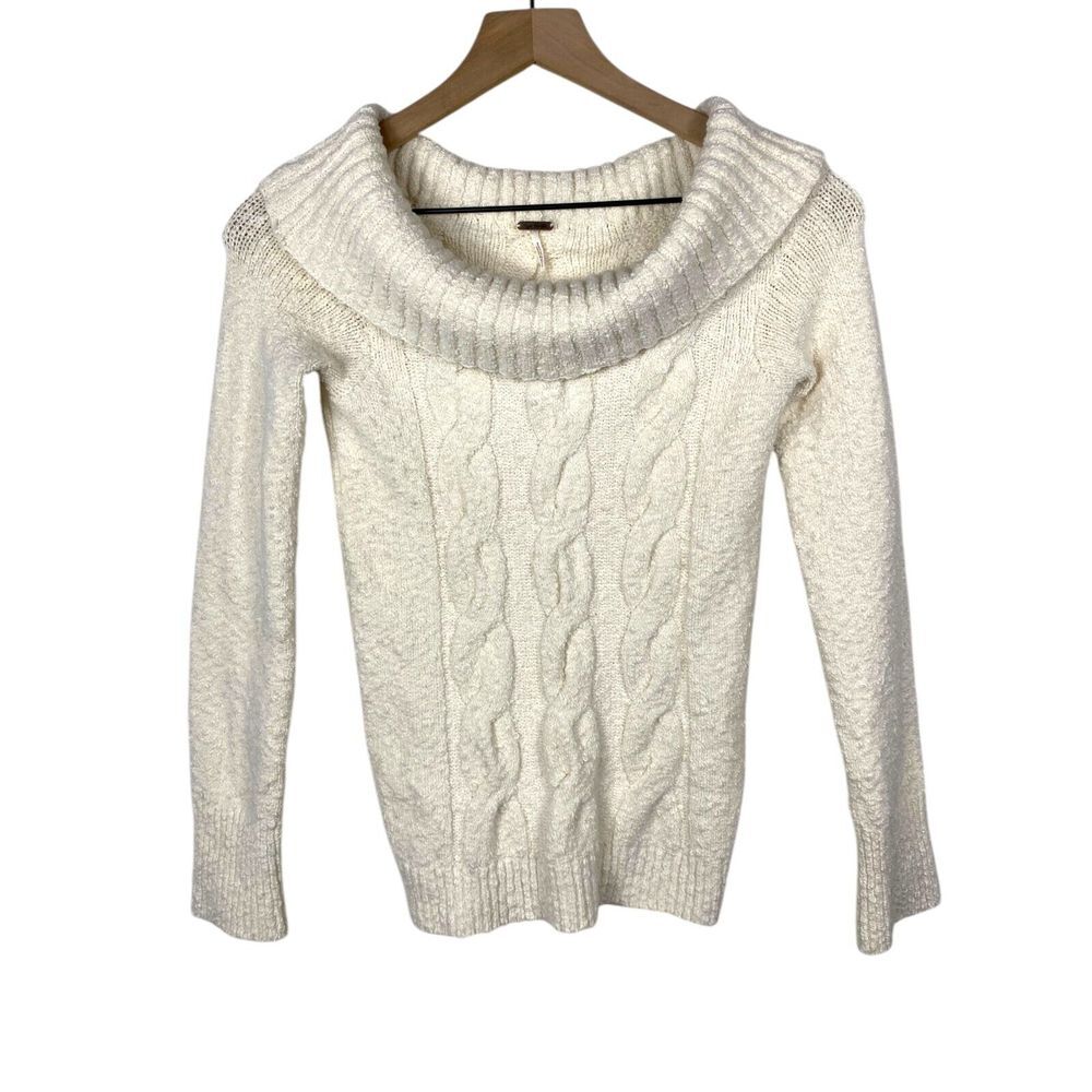 Free People Cowl Neck Sweater Sz S Chunky Cable Knit‎ Boho Cream Stretch Y2K